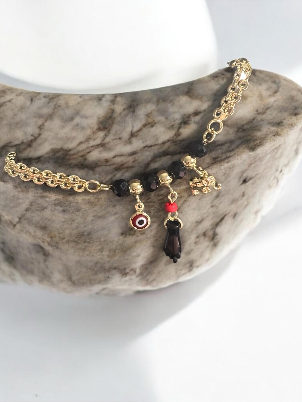 14k Gold Plated Black Beaded Charm Bracelet with Red Eye and Elephant Charm